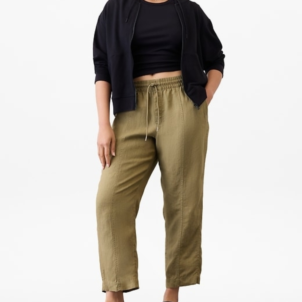 NWT Athleta High Rise Retreat Linen Ankle Pant - Olive Branch L